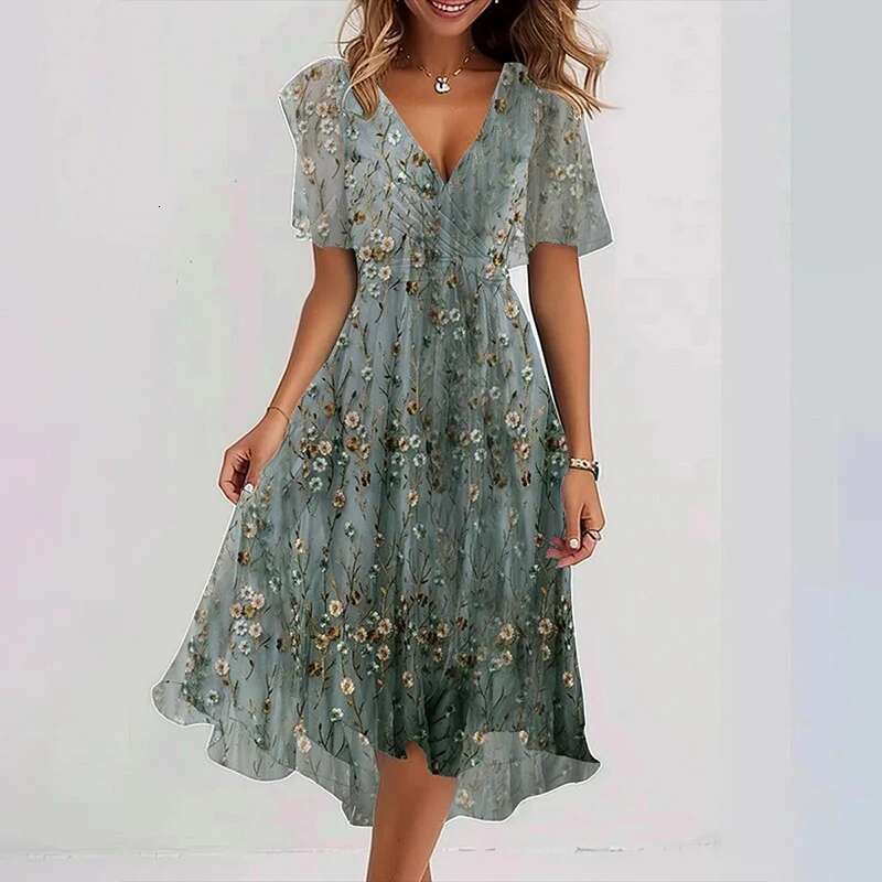 Spring Ral Print Chiffon Women Elegant V Neck Draped A-E Party Dress Summer Short Sleeve High-Waist Office Dresses