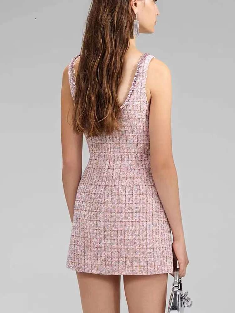 Spring Autumn New Temperament Tweed Mini Dress Women Sexy U-Neck Plaid Knit Hem Split Skirt Dia Button Tank Robe Ladies