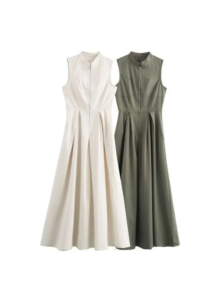 T Women Fashion Round Collar Sleeveless Pleated Slim Elegant Solid Half Zipper A-E Dresse Girl's Casual High Street Robe