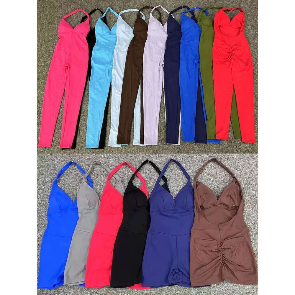 Pad Halter V Romper Women One Piece Jumpsuit Workout Yoga Set Open Back Clothing Scrunch Proof Butt Gym Active Suit KLMY