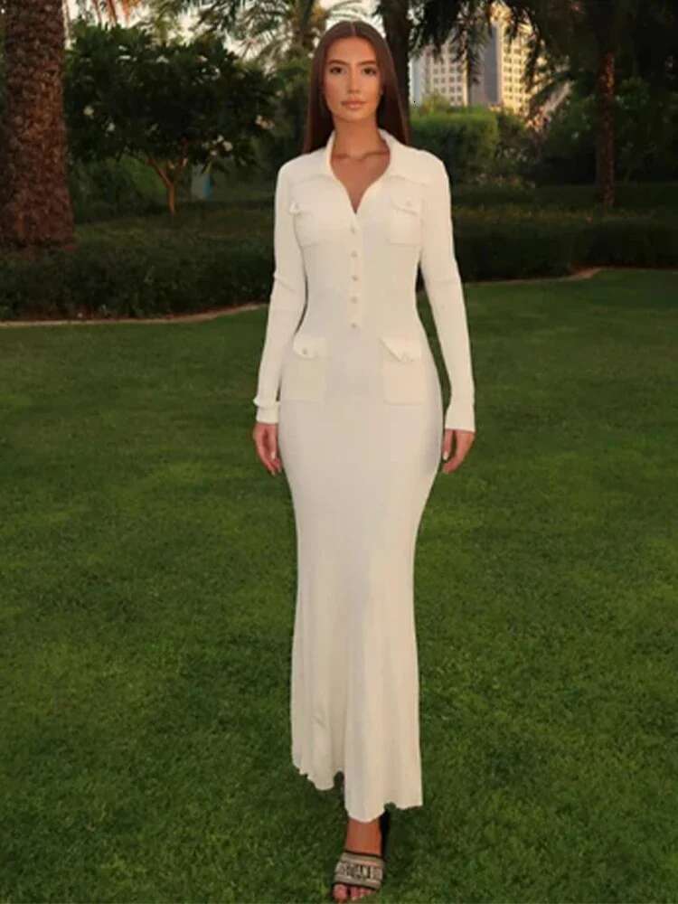 Knitted Elegant Party Woman Slim Lapel Button Pockets Long Dresses Office Lady Full Sleeve Ribbed Robes 2025 Spring New