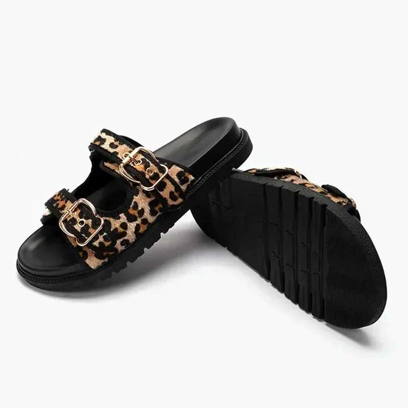 High Quality Leopard Metal Buckle Design Wen Slippers Sexy Cfort N Slip Slide Sandals Summer Size 43 Platform Flip Flops Y250306