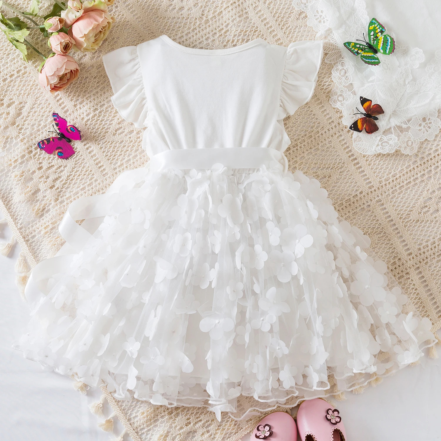 Summer White 3D Butterfly Princess Dress for Baby Girls Fly Sleeves Solid Dress Children Birthday Party Tulle Tutu Casual Wear 250305