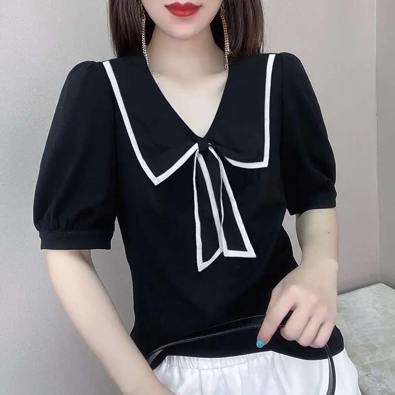 Simple Tied V-Neck Black Slim Puff Sleeves Slimming And Fashionable T-Shirt For Women