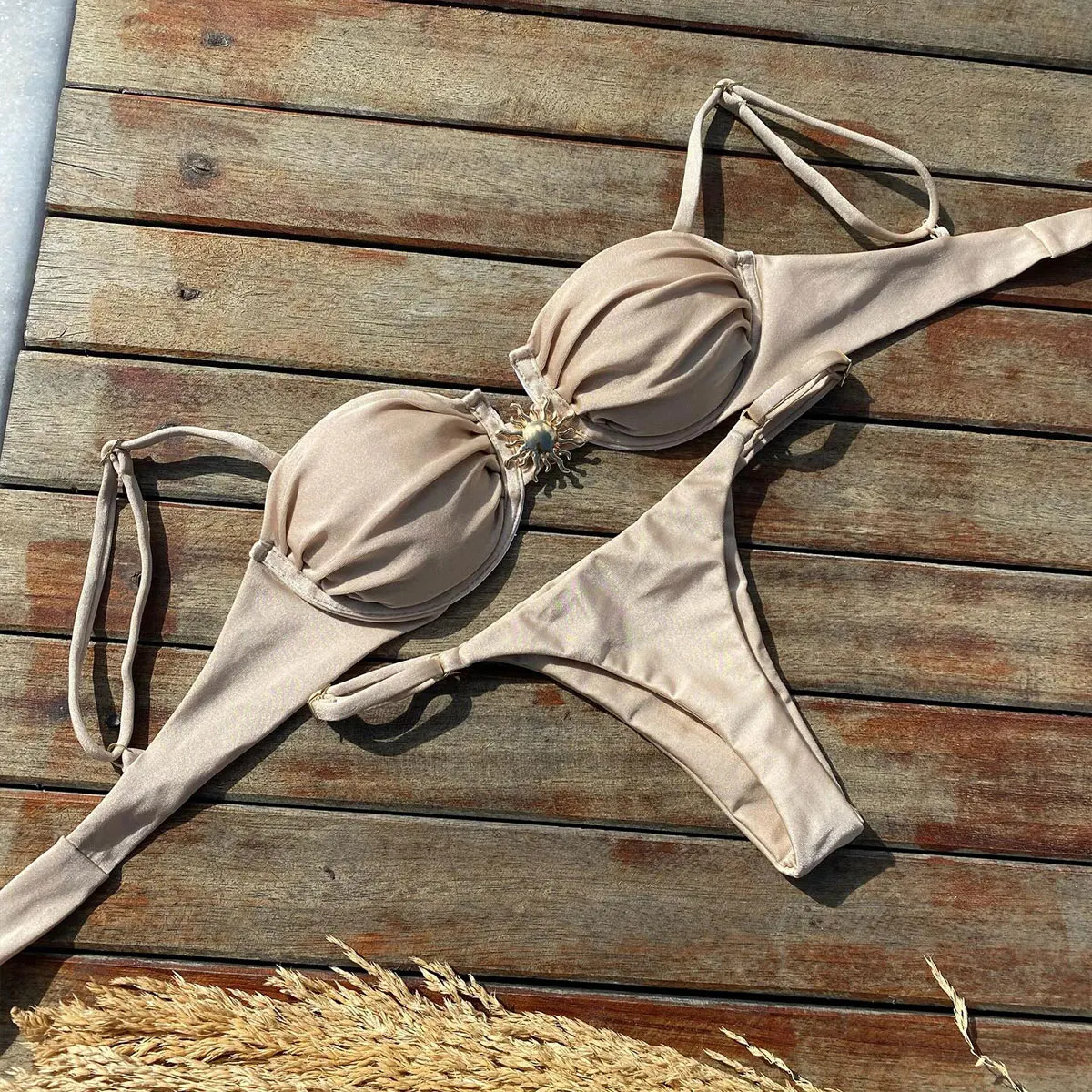 Sexy swimsuit bandage bikini womens solid shimmer long leg twopiece underwear beach wear Bandeau Biquini 250306