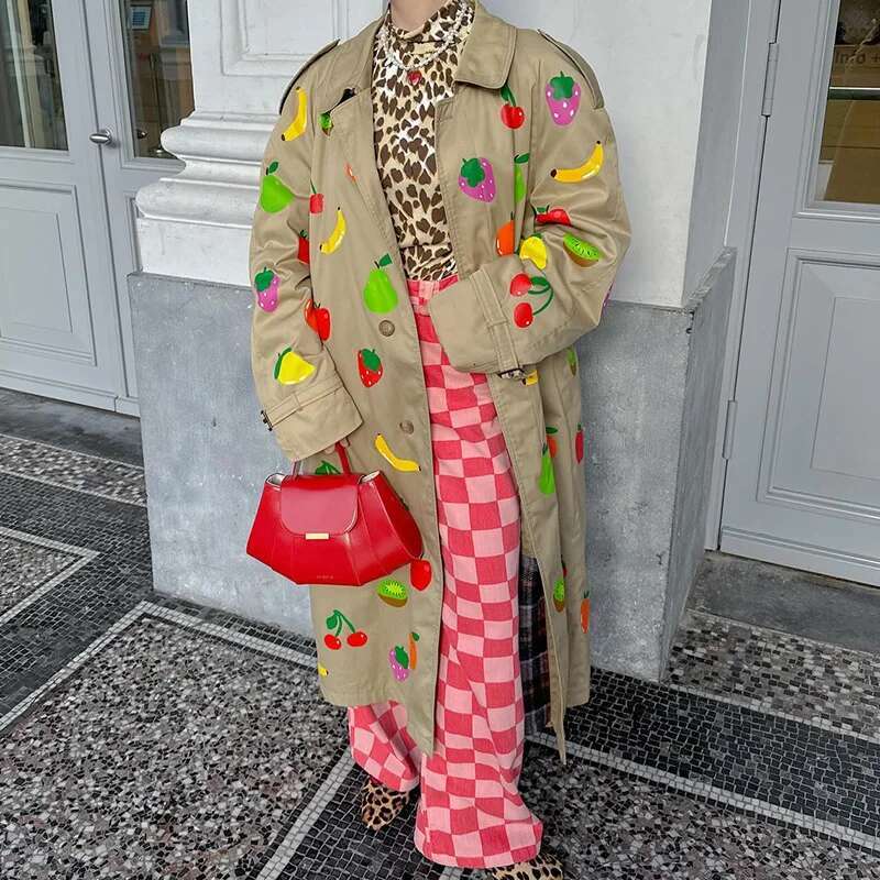 Autumn Winter Jacket Fruit Print Long Sleeve Trench Coat Niche Design Button Warm Overcoat 2024 High Street Lady Outerwear