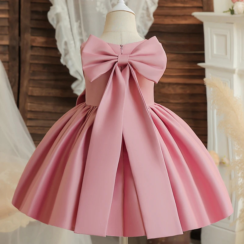 Big Bow Sweet Baby Girls Dress Solid Elegant Toddler Kids Christening Birthday Vestidos Weddings Party Kids Girls Princess Dress 250305