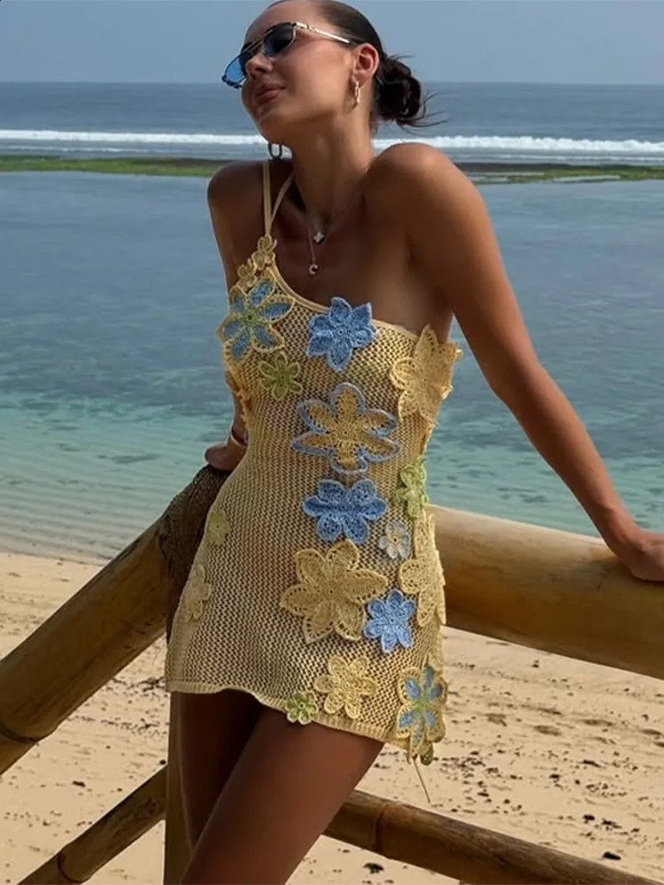 Sexy Crochet Short Hollow Out Beach Dress Knit Colorful 3d Flower Skew-collar Sleeveless Female Sling Short Dresses Summer 250305