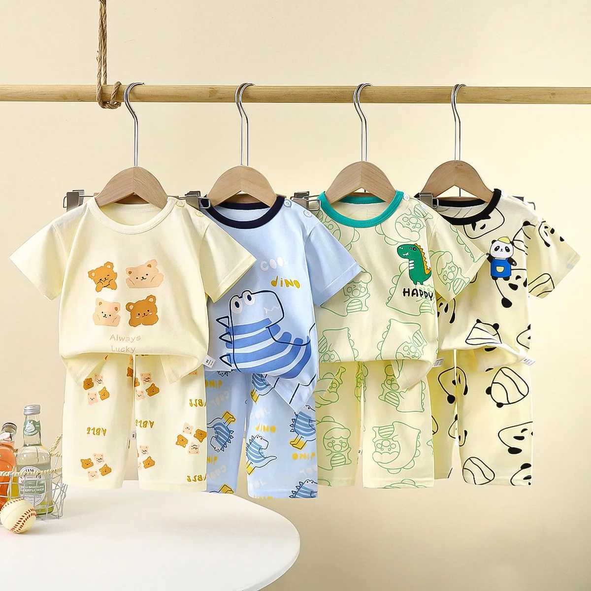2024 New Childrens Short-Sleeved Suit Pure Cotton Summer Boys T-shirt Girls Home Clothes Baby Pajamas childrens clothing M250306