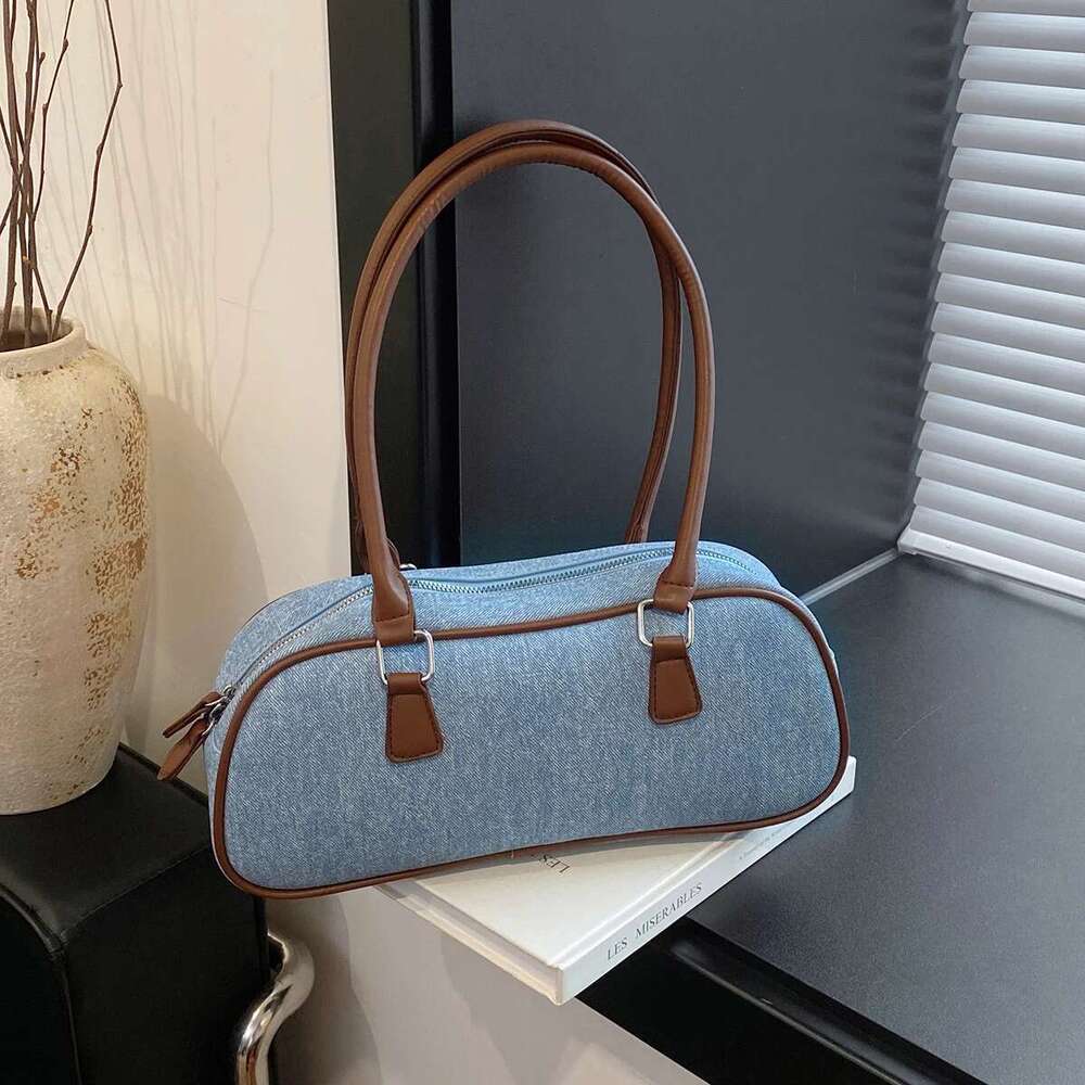 commuter large-capacity Fashion women's fashionable color-matching denim shoulder hand baguette bag
