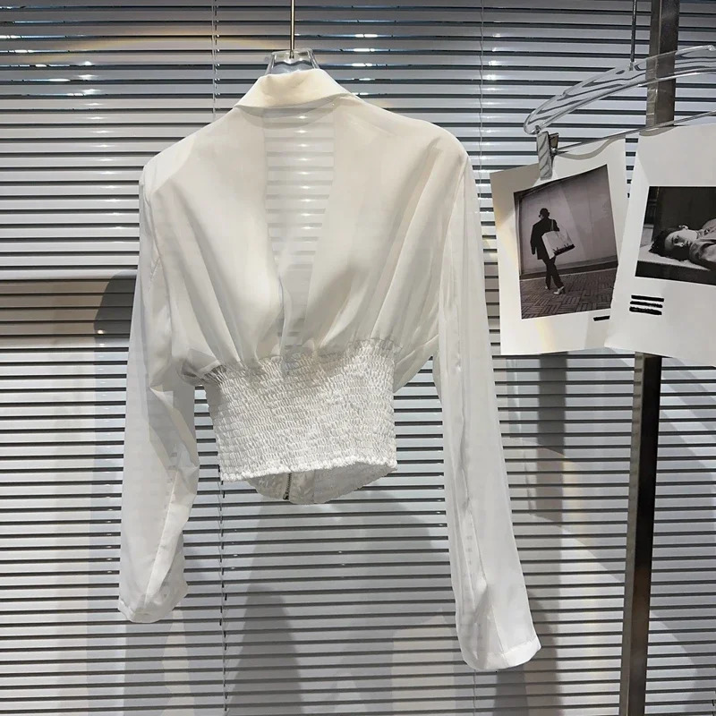 KTCZ Temperament Perspective Mesh Jacket Womens Elastic Slim Waist Causal Notched Zipper Coat Trend Summer 250306