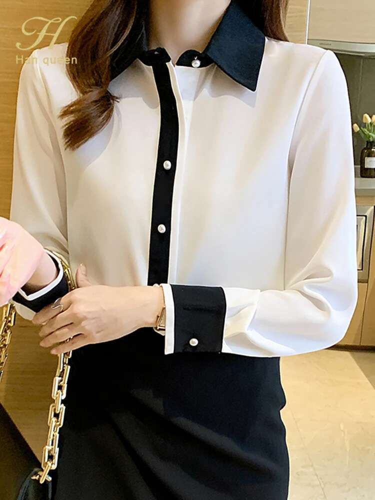 H Han Queen Contrast Color Single Row Pearl Buckle Office Blouse Female Shirt Long Sleeve Casual Tops Autumn Women Loose Blouses