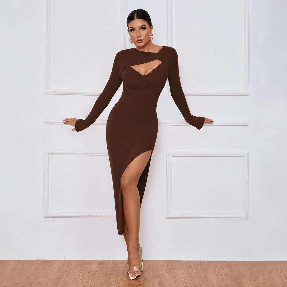 Women's Slim Fit Wrap Hip Tight Skirt Sexy Split Long Sleeve Dress KLMY