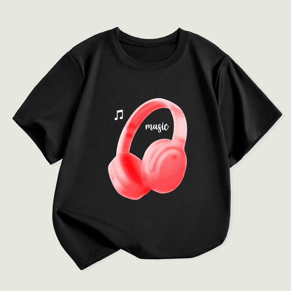 Ring Summer Casual Short-sleeved T-shirt Music Earphones Printed Round Neck Comfortable Childrens Clothing Girl Boys ClothesT250306