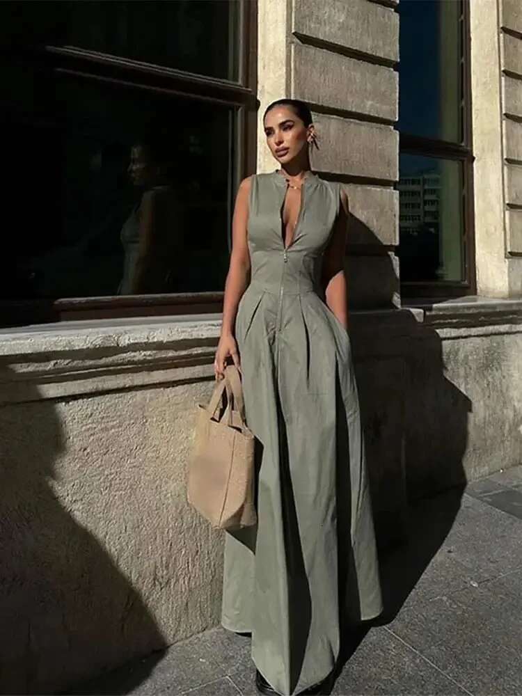 T Women Fashion Round Collar Sleeveless Pleated Slim Elegant Solid Half Zipper A-E Dresse Girl's Casual High Street Robe
