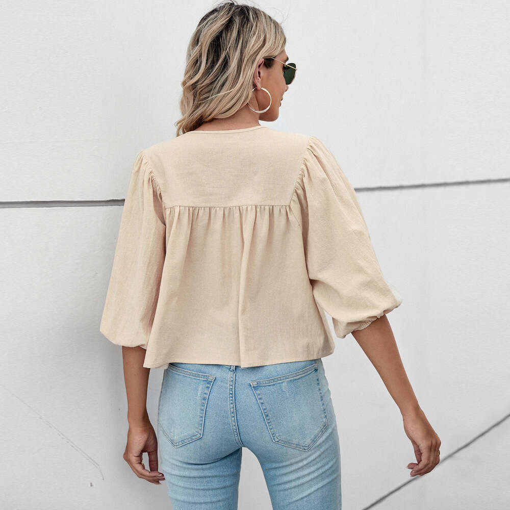 Round Neck Bow Loose Fit Five Quarter Sleeve Women's Pullover Sweet Top KLMY