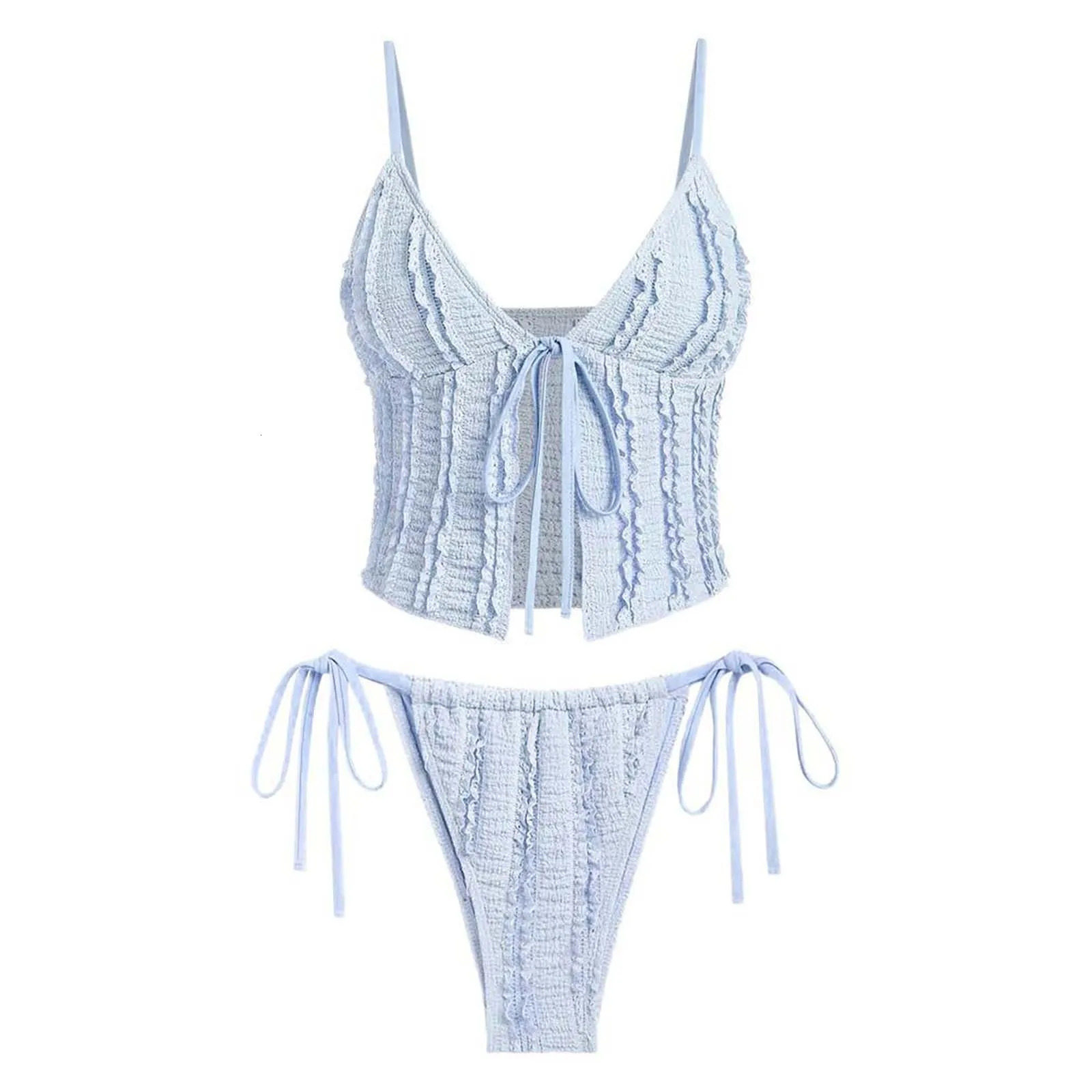 Ruffled Trim Textured Women Swimsuit Side Tie TwoPiece Swimwear Ladies Bathing Suit Solid Color Female Beachwear 250306