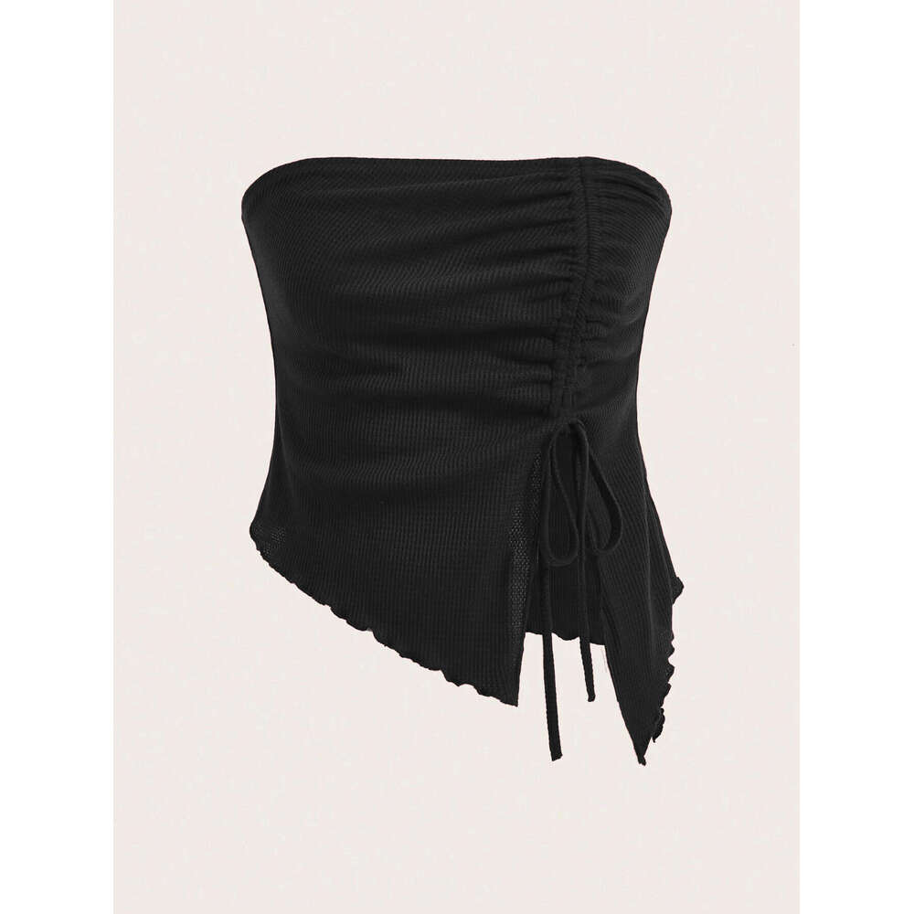Women's Clothing 2025 Summer New Item Drawstring Slit Irregular Waffle Style Slim Fit Strapless Vest Top KLMY