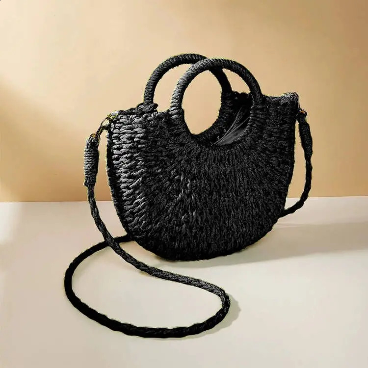 Half-Round Rattan Beach Bag Women Large Capacity Handle Bag Summer Beach Bags Travel Weave Handle Bag Bohemia Shoulder Bag 250303