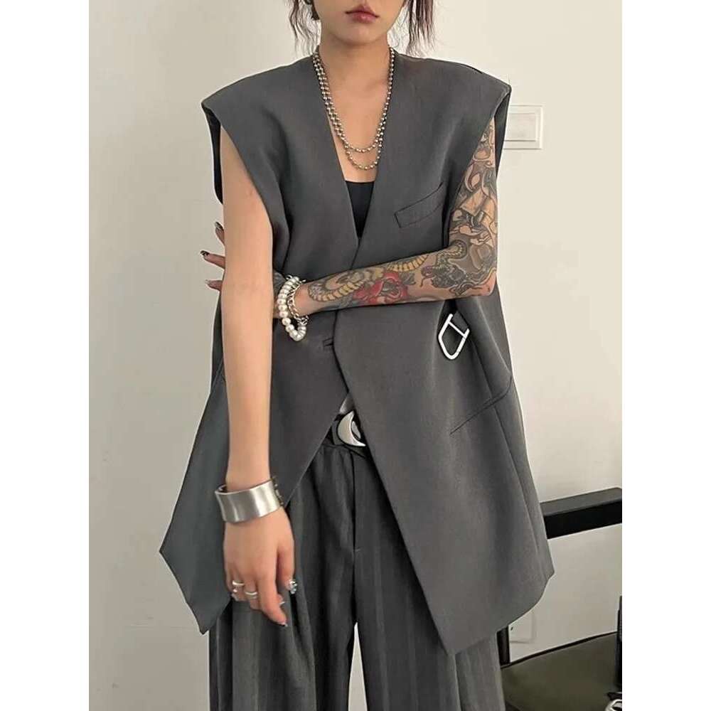 Loose Silhouette Sleeveless Collarless Blazer Vest Camisole For Women 2024 Spring Autumn New Fashion Female Clothing