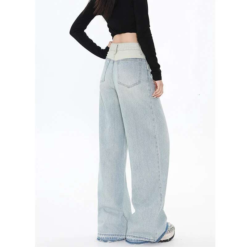2024 Autumn Baggy Wide Leg Women Quality High Waisted Denim Pants Light Blue Korean Retro Fashion Fake Two Pieces Jeans