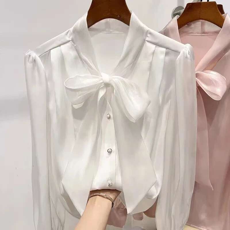 Chiffon Long Sleeve Ribbon Elegant Blouse For Women Korean Fashion Shirts And Blouses 2024 Autumn Women's Clothing
