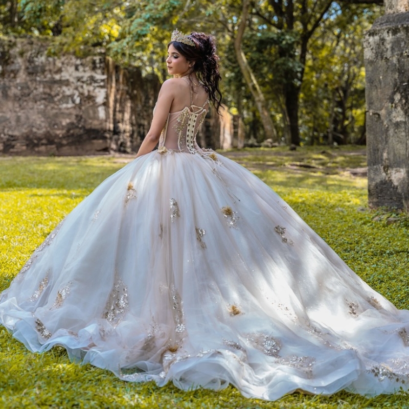 Champagne Shiny Quinceanera Dresses Ball Gown Spaghetti Strap Sequin Applique Flower Beading Crystal Tull Corset Sweet 16 Dress Vestidos 15 De Anos