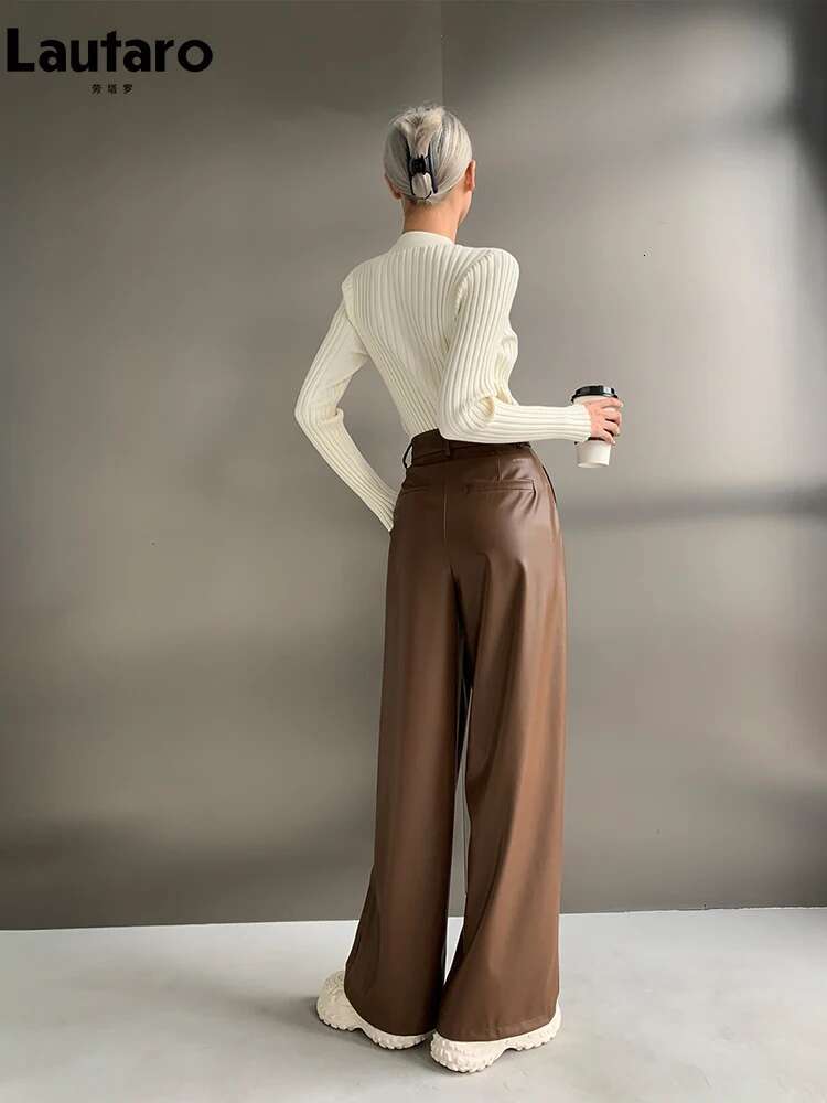 Lautaro Spring Autumn Loose Casual Wy Soft Black Brown Pu Leather Wide Leg Pants For Women High Waist Emo Korean Fashion 2023