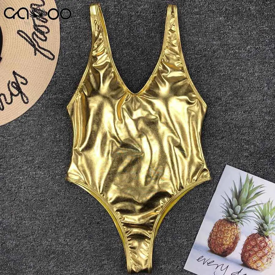 Shiny Gold Stamp Silver One Piece Swimsuit Women Swimwear Female Bather V Neck Bathing Suit Swim Wear Monokini With Pad 250306
