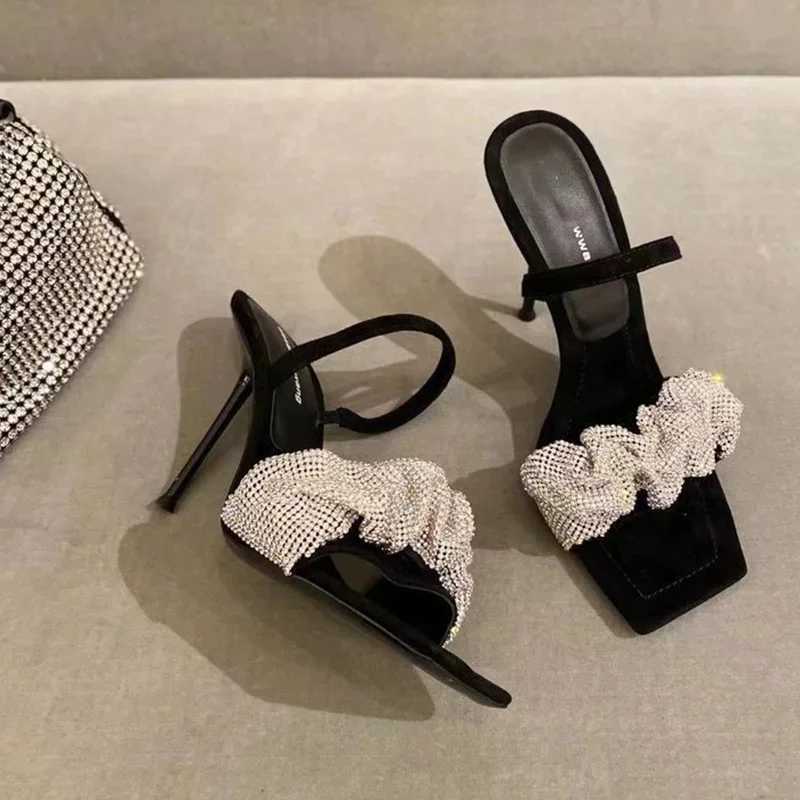 2024 New Summer Fi Design PU High H Womens Shoes Square Toe 7 Cm N Slip Rhine Pumps Bling Womens Sandals Y250306