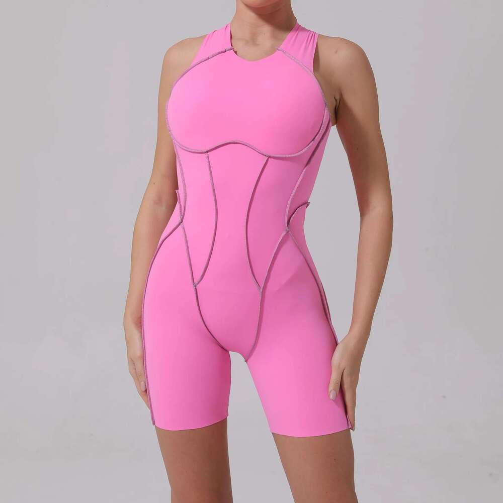 Pad Nylon Women Bodysuit Fiess Yoga Set Splicing Contrast Color Exposed V Butt One-Piece Shorts Jumpsuit Gym Sports Push Up KLMY