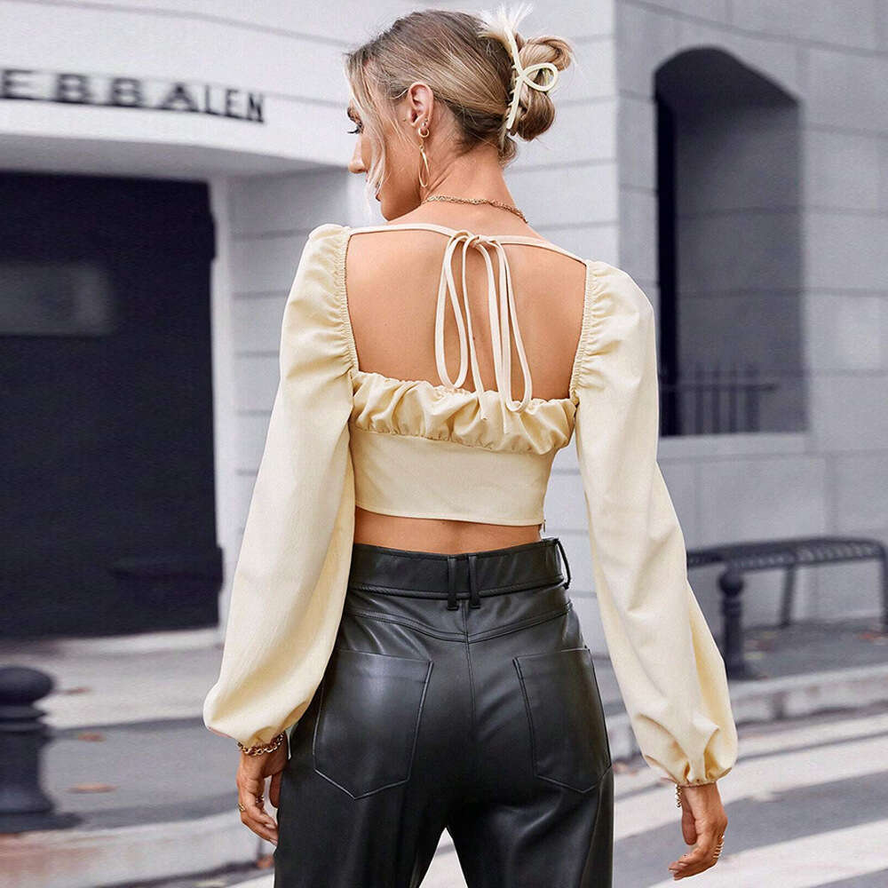 Autumn/Winter Women's Fashion Casual Sexy Square Neck Top With Bubble Sleeves Solid Color Shirt KLMY