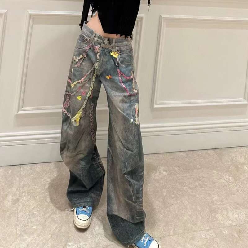 Women's Jeans, Loose Chain Printed Wide Leg Pants, Fashion Versatile High Quality Trousers, Spring, New, 2025, Y2k