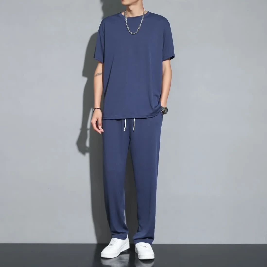 Ice silk sports suit mens summer thin casual pants shortsleeved ins quickdry sense clothes set 250306