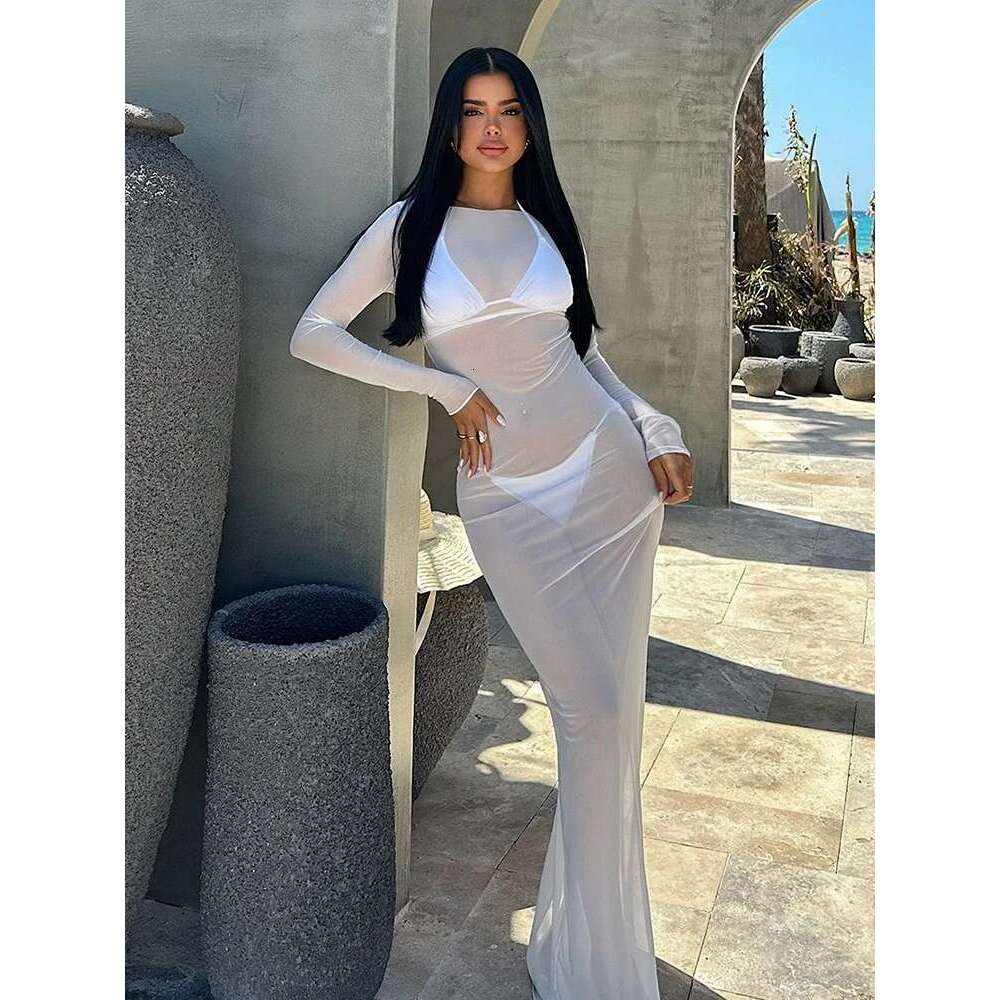 Sibybo Sexy See Through Gauze Close Fitting Dress Basics Solid Color Straight Shoulder Long Sleeve Robe Summer Lady Clothes KLMY