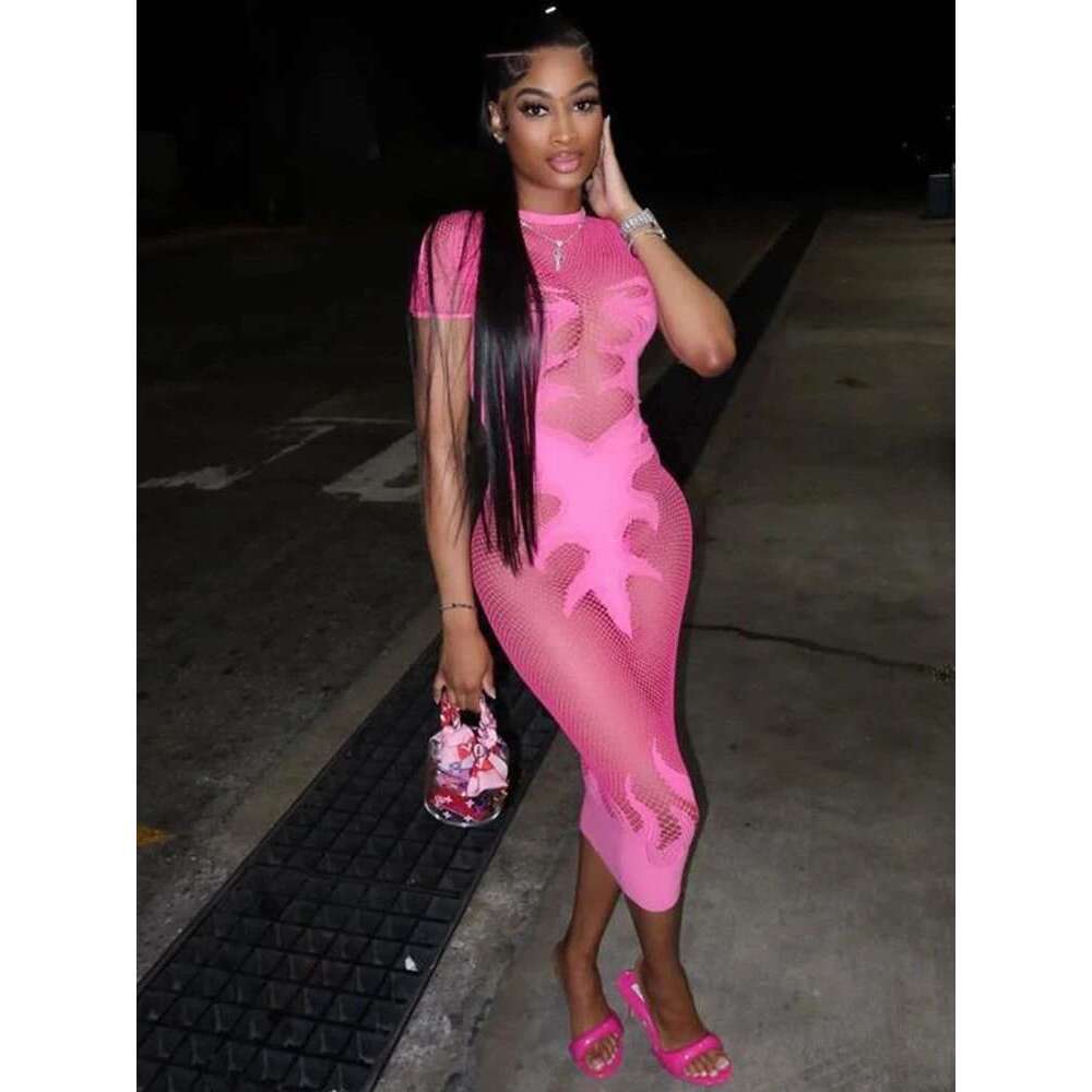 Sibybo See Through High Stretch Long Dress For Women Fashion O Neck Short Sleeve Slim Bodycon Robes Sexy Club Party Dresses KLMY
