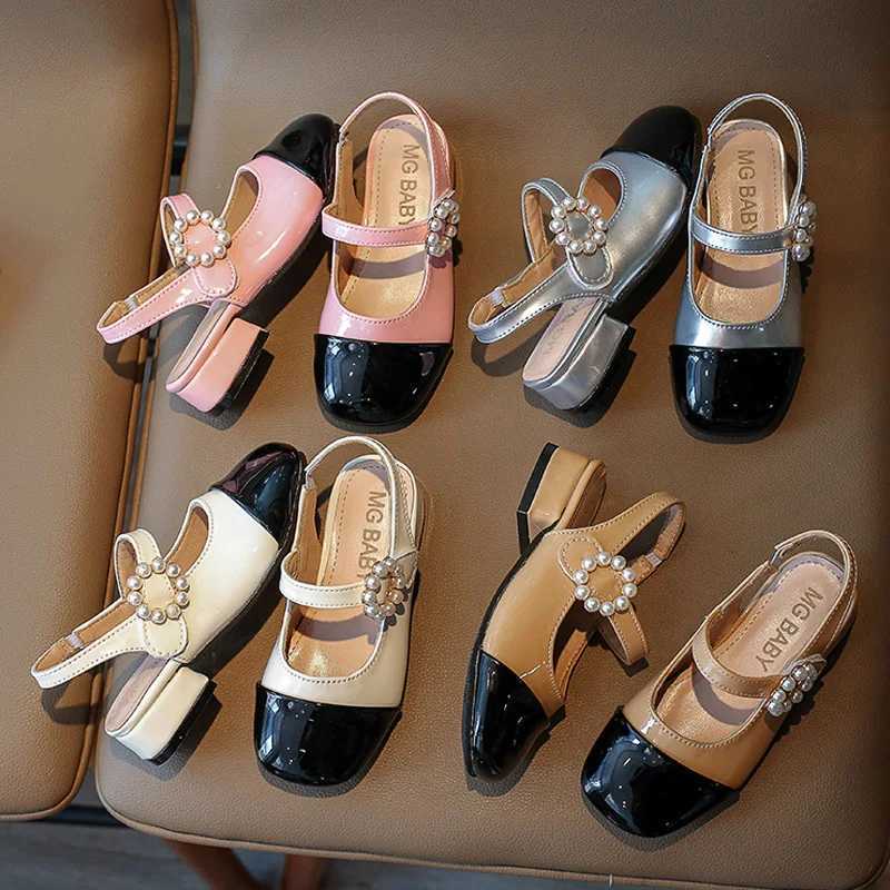 Patent Leatherette Heeled Slingback Sandals for Girl Elegant Wedding Party Shoes Kids Luxury Pearl Buckle Brand Design SandaliasT250306