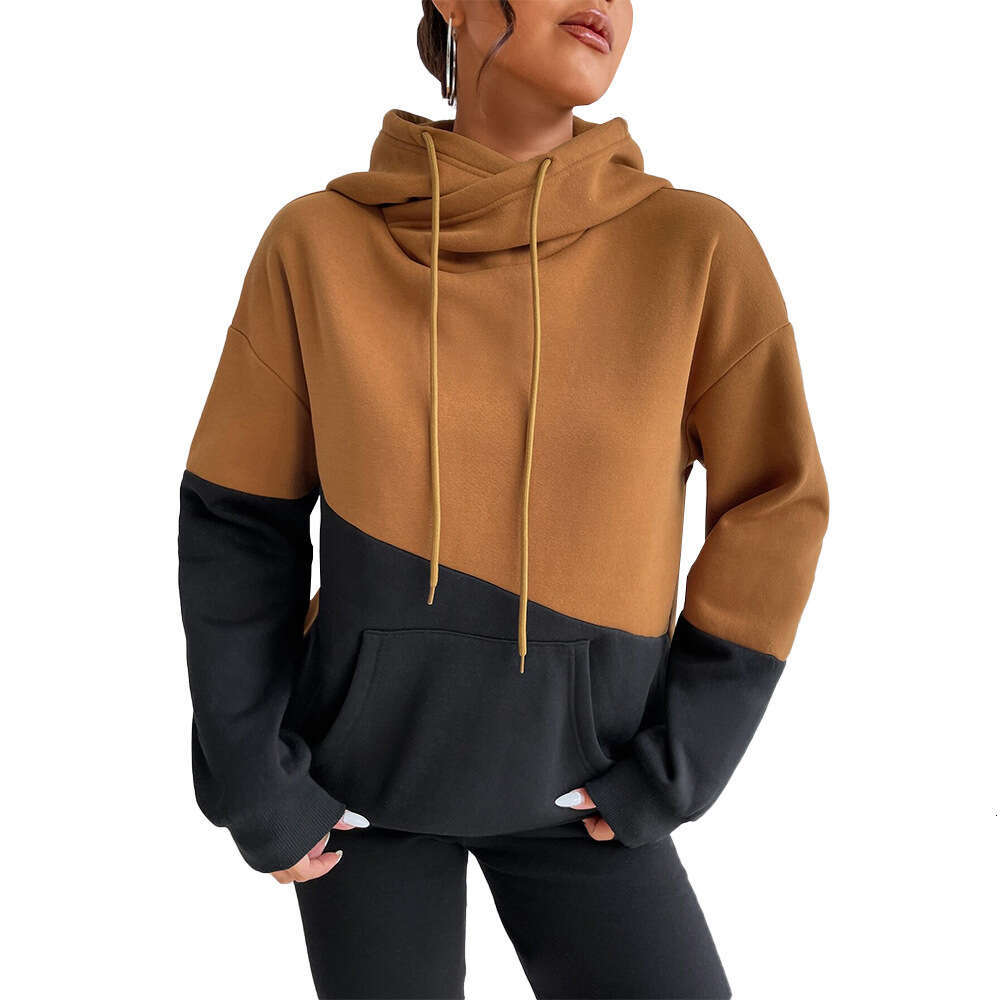 Autumn/Winter Women's Street Loose Fleece Hoodie With Contrasting Color Design, Hooded Long Sleeved Top KLMY