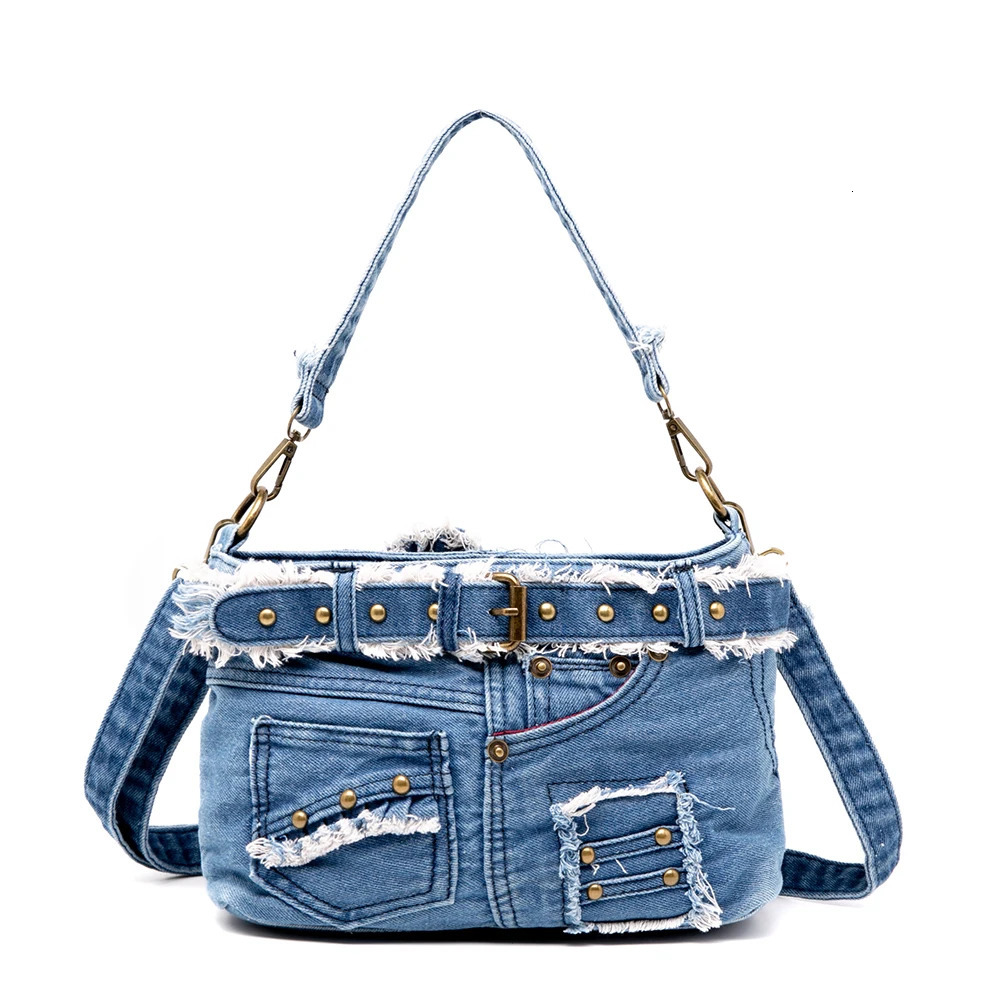 LeisureL Handbag Cool Cowboy Material Jeans Pocket With Metallic Rivets And Buckle Denim Cross Body Bag 250306