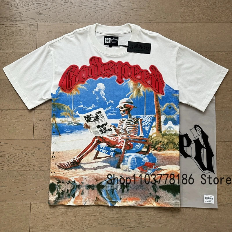Classic White GOD SPEED T Shirts Letter Seaside Holiday Scenery Print Godspeed Short Sleeve Unisex Tees Tops 250305