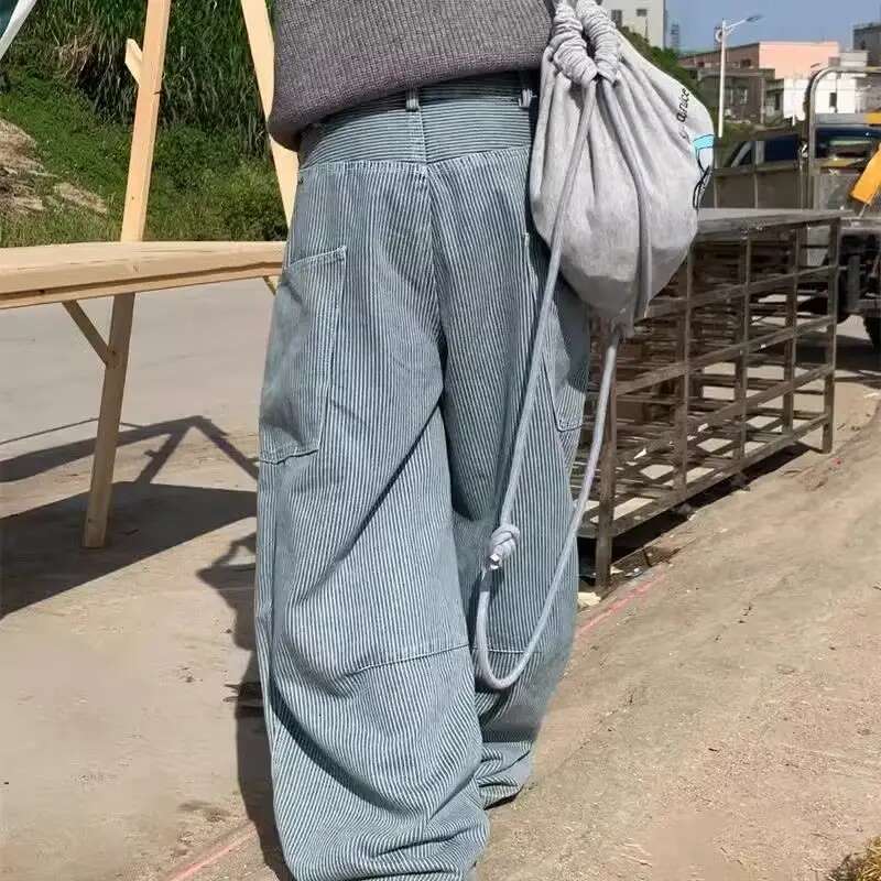Hip Hop Fashion Y2k Original Design Large Pocket Jeans For Women Retro Spicy Girl Striped Oversize Wide Leg Or Length Pants