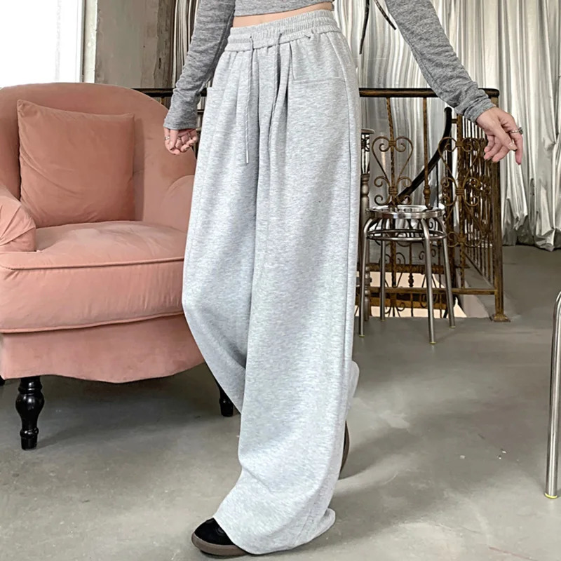 Autumn Women Hip Hop Style Baggy High Waisted Long Pants Lady Versatile Streetwear Solid Color Drawstring Wide Leg Trousers 250306