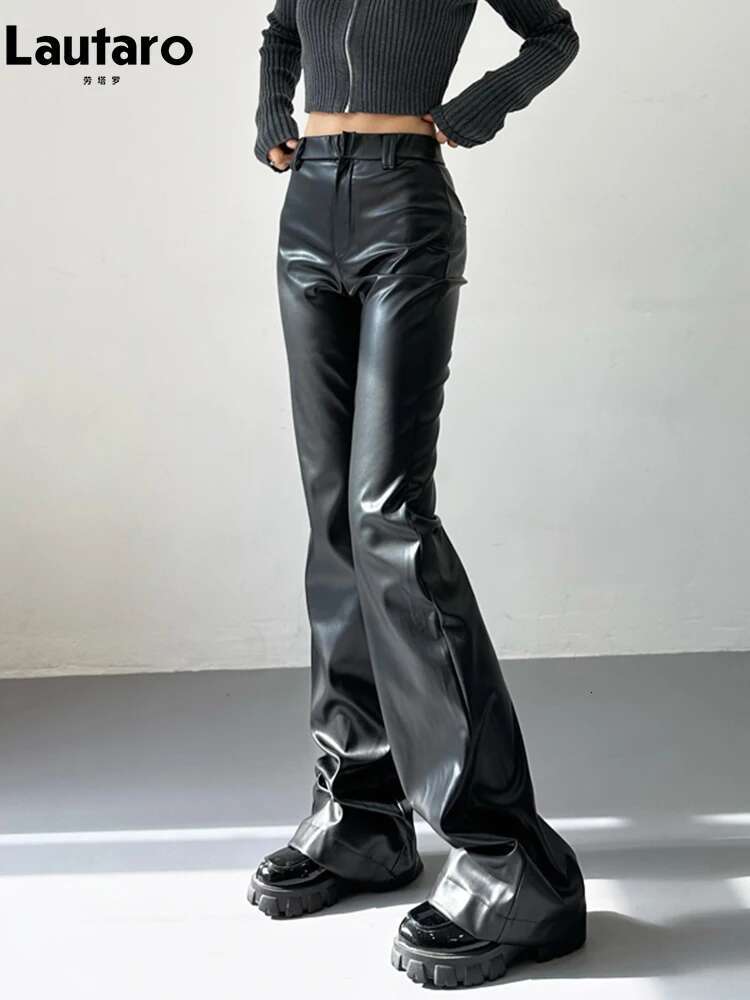 Lautaro Spring Autumn Cool Casual Soft Black Pu Leather Or Length Flare Pants For Women High Waist Korean Style Fashion 2023