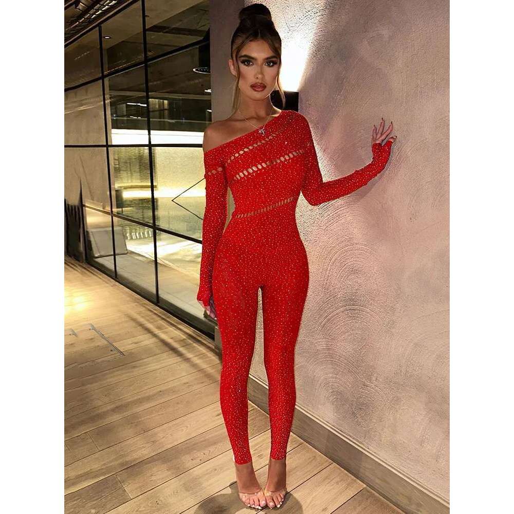 Sibybo Off Shoulder Long Sleeve Jumpsuits Women Fashion Rhies High Stretch Hollow Out Sexy Overalls Sparkly Party Rompers KLMY