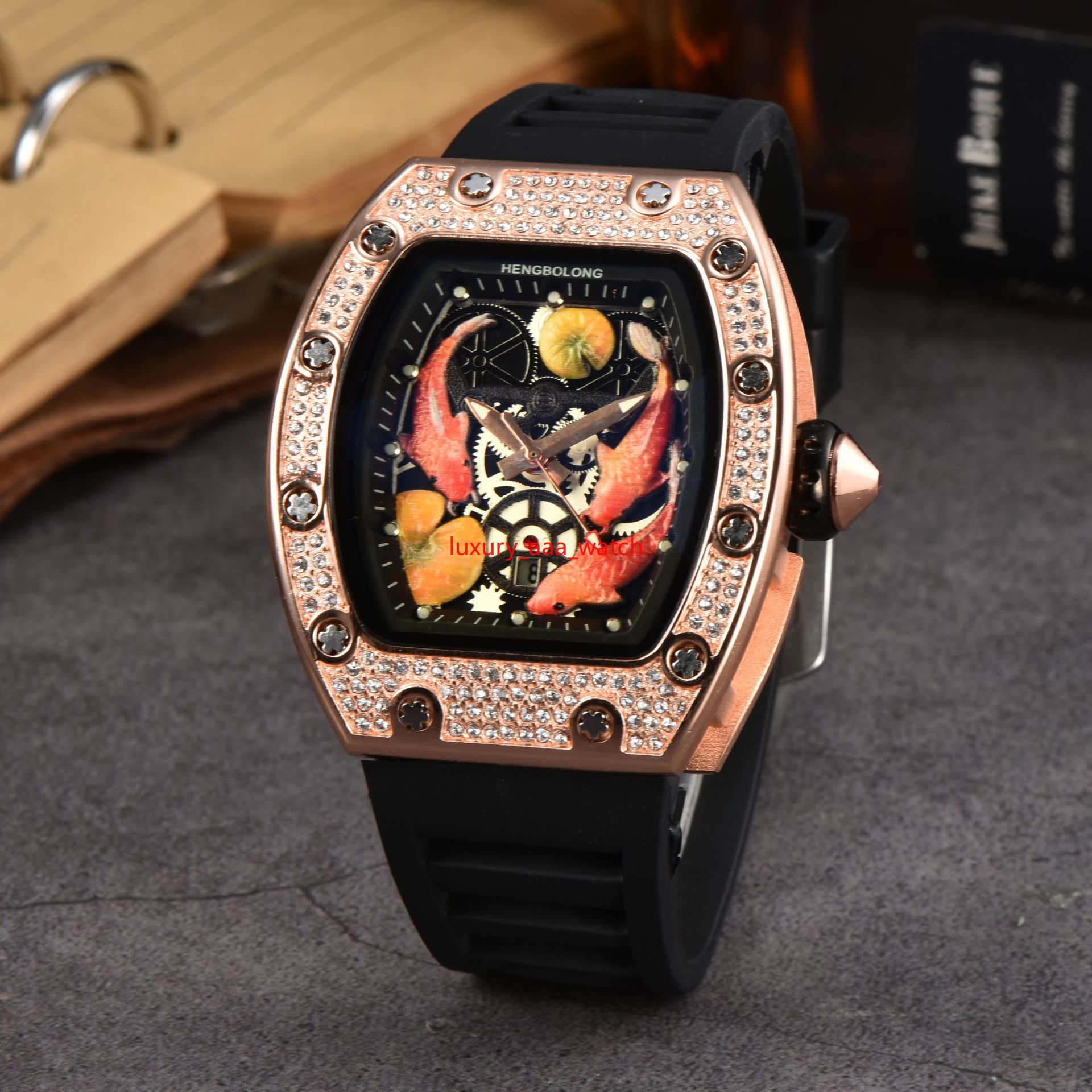 New luxury brand diamond set British watch men's fashion Koi pattern with calendar silicone wristband in stock