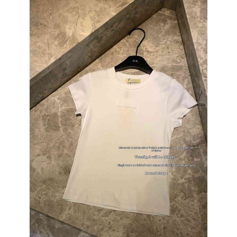 Spring/Summer New Embroidered Simple Shoulder T-Shirt Retro Spicy Girl Style Slim Fit Round Neck Short Sleeve