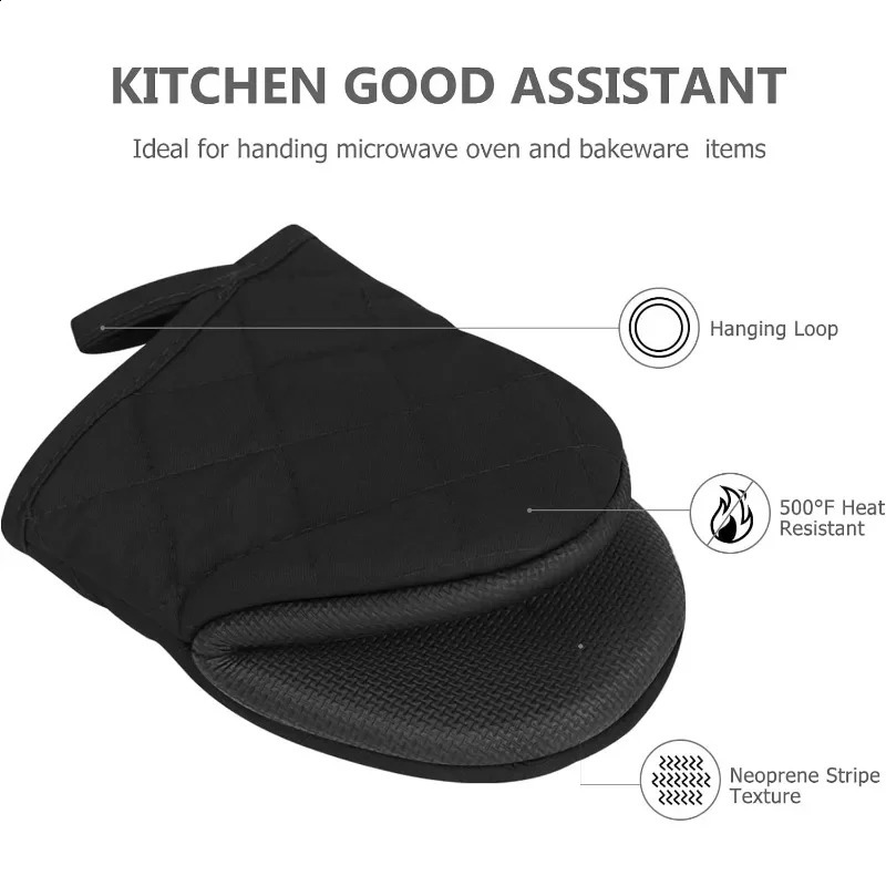 1 Pair Short Oven Mitts Silicone Kitchen Oven Gloves High Heat Resistant 500 with Non Slip Grip Surfaces and Hanging Loop Black 250305
