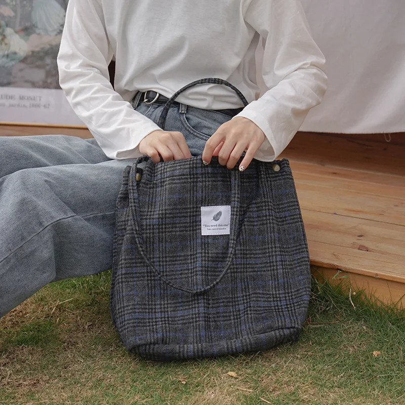 Women Woolen Canvas Shoulder Bag Cotton Cloth Handbags Checked Pattern Tote Soft Fabric Large Capacity Shopping Bags For Ladies 250306