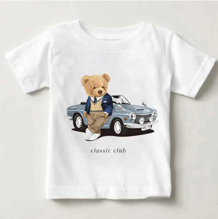 Cute Bear Riding Car Print Boys And Girls White T-shirt Childrens Summer Harajuku Kawaii Funny Baby Y2K ClothesT250306