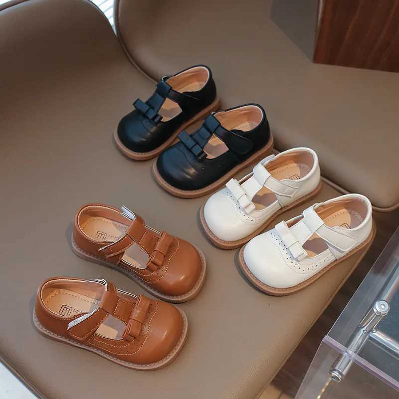 Girls Bow Princess Shoes Leather Shoes 2024 Spring New Fashion Soft Sole Childrens Single Shoes Soft Sole T-strap Kids ShoesT250306